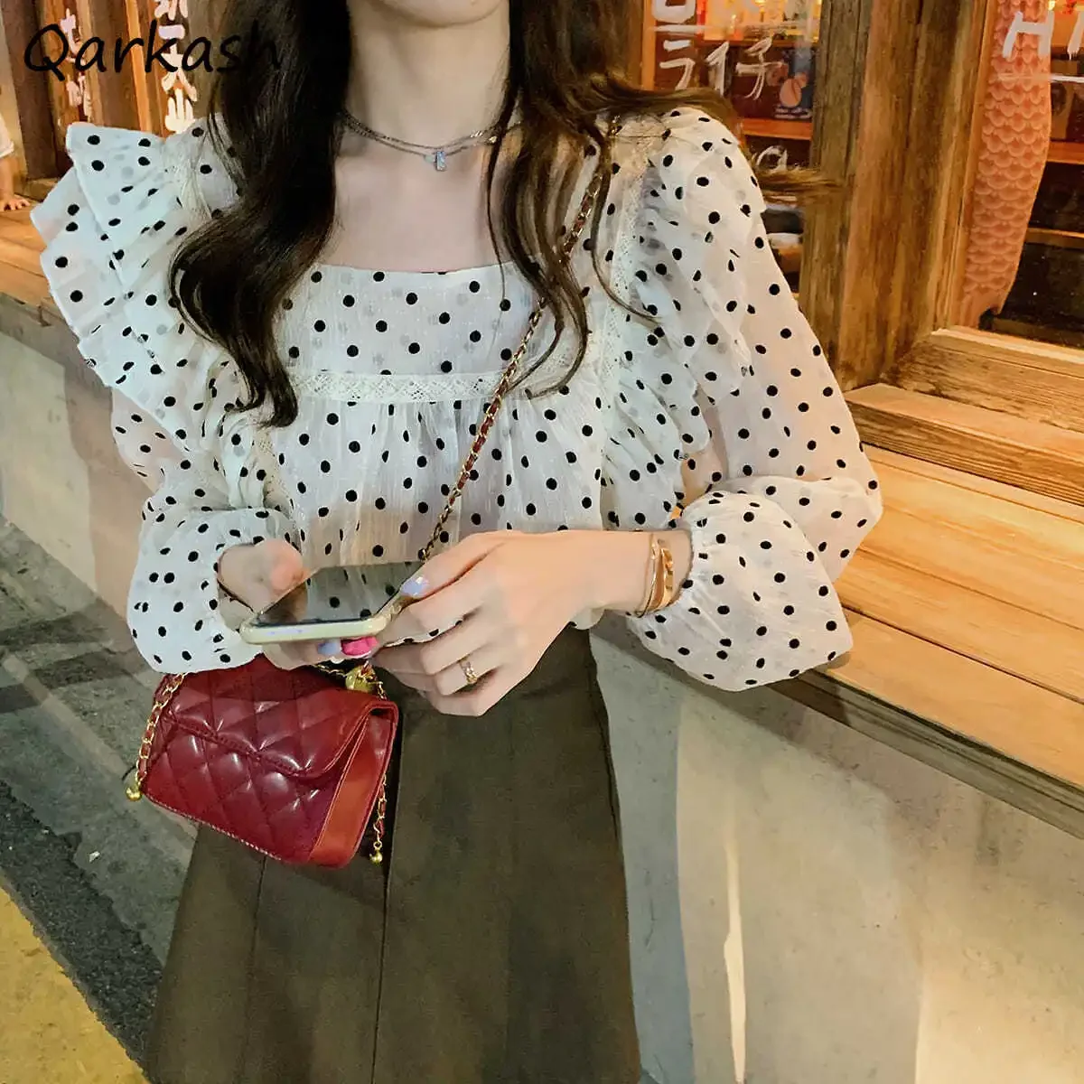 Blouses Women Polka Dot Square Collar Simple Female Elegant Tops Clothing Popular Stylish Vintage Tender Basic Ulzzang Newest