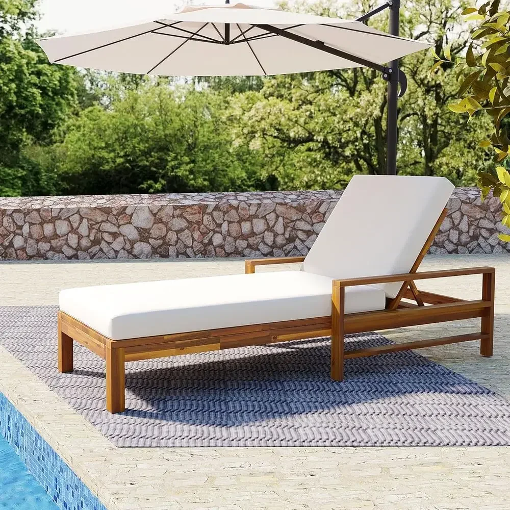 Natural Beige Acacia Wood Outdoor Chaise Lounges with Cushion, Adjustable Backrest for Patio, Porch, and Poolside