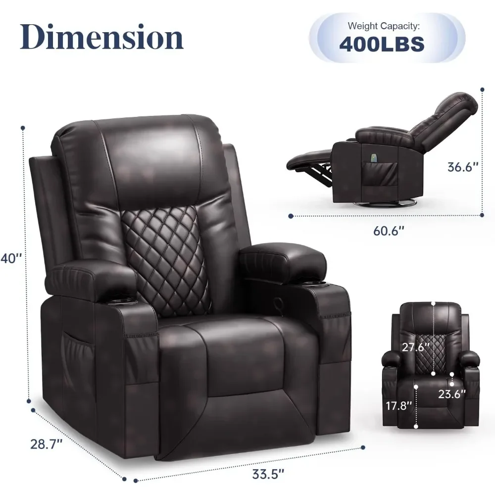 Swivel and Rocking Recliner with Heat and Vibration, Breathable Leather Ergonomic Single Sofa Chair for Living Room with Cup