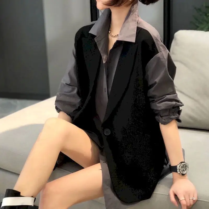 Spring Autumn Blouses Women Vest Stitching Fake Two-piece Shirts Coat Thin Casual Fashion Long-sleeved Tops Trend Womens Shirt