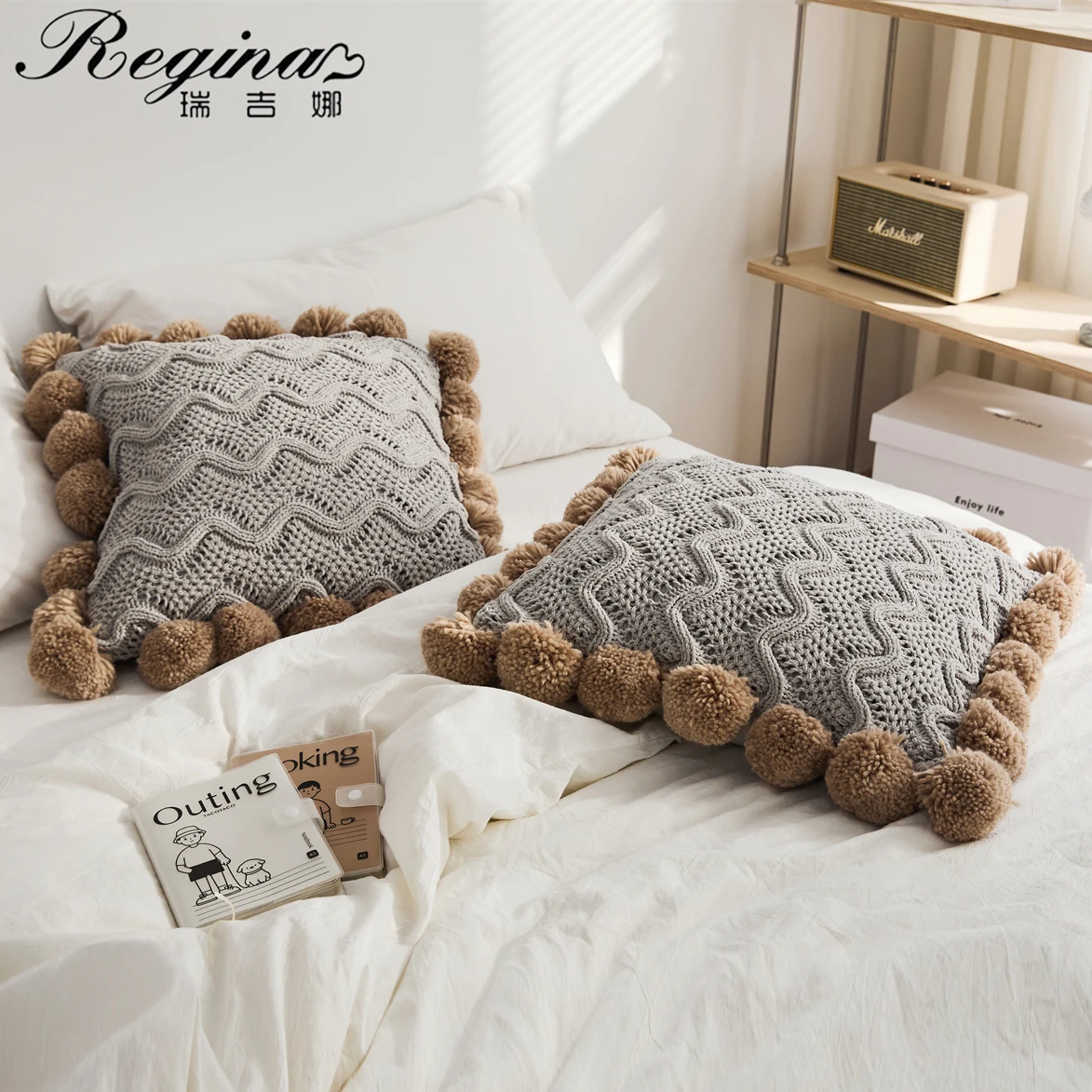 REGINA Nordic Cute Pompons Cushion Cover Soft Stripe Design Gray Beige Chenille Pillow Case Room Decorative Throw Pillow Cover