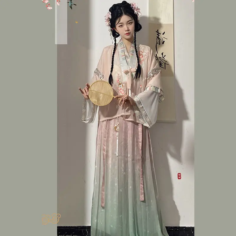 Sukienka Hanfu Vintage Song Dynasty zestaw kobiet elegancki kwiatowy Print Princess Cosplay parkiet suknie kobiece słodka wróżka sukienka