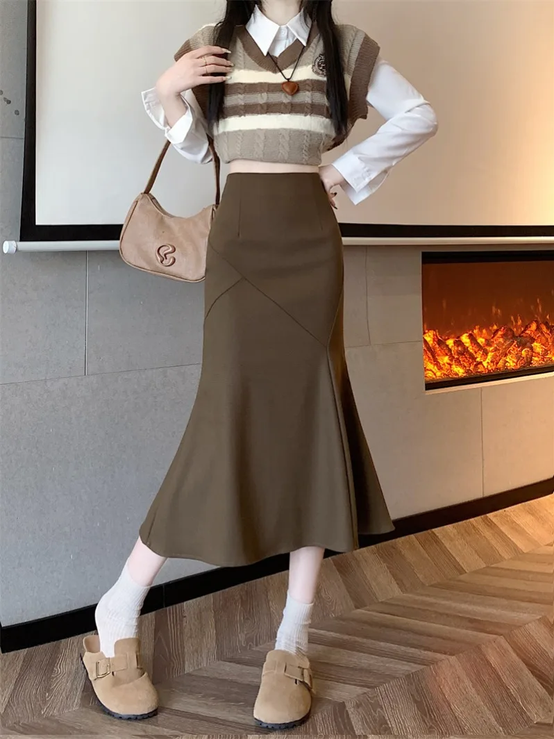 카라멜 울 스커트 여성용 가을 겨울 신상 하이웨이스트 A라인 미디 기장 바디콘 피테일 스커트 여성 패션