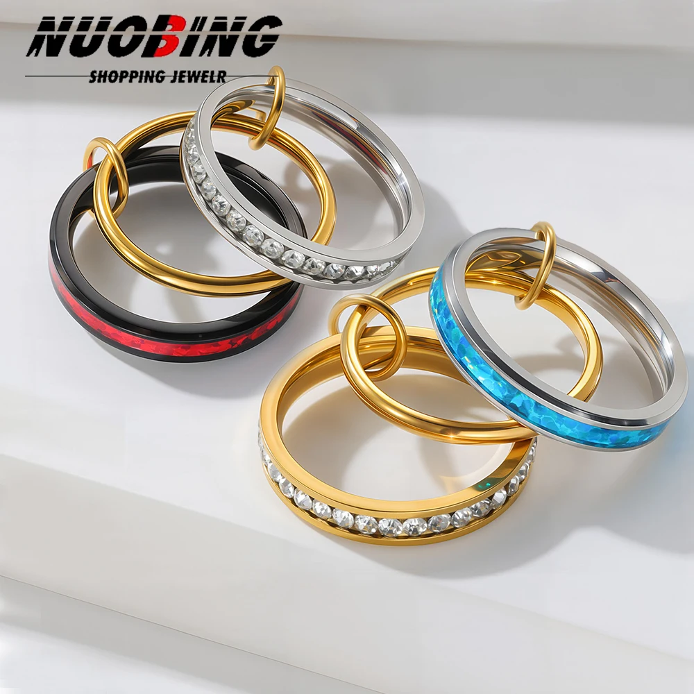 

3-layer Multilayer Connecting Rings Inlaid Luxury Cubic Zirconia Stainless steel Women's Stackable Finger Ring Jewelry Gift