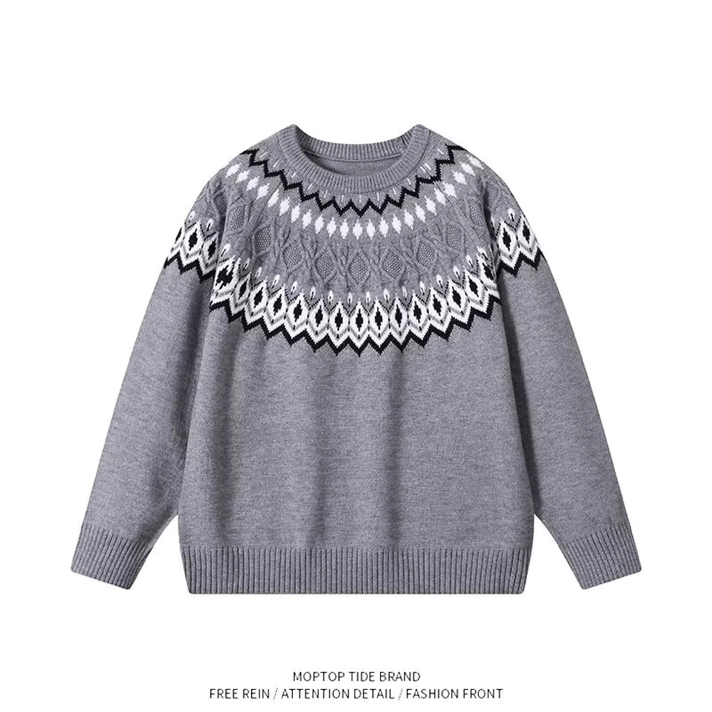 

Ретро-свитер крупной вязки с узором Fair Isle, круглый вырез, свободный крой, повседневный, базовый слой, молодежный, осенний, для активного образа жизни