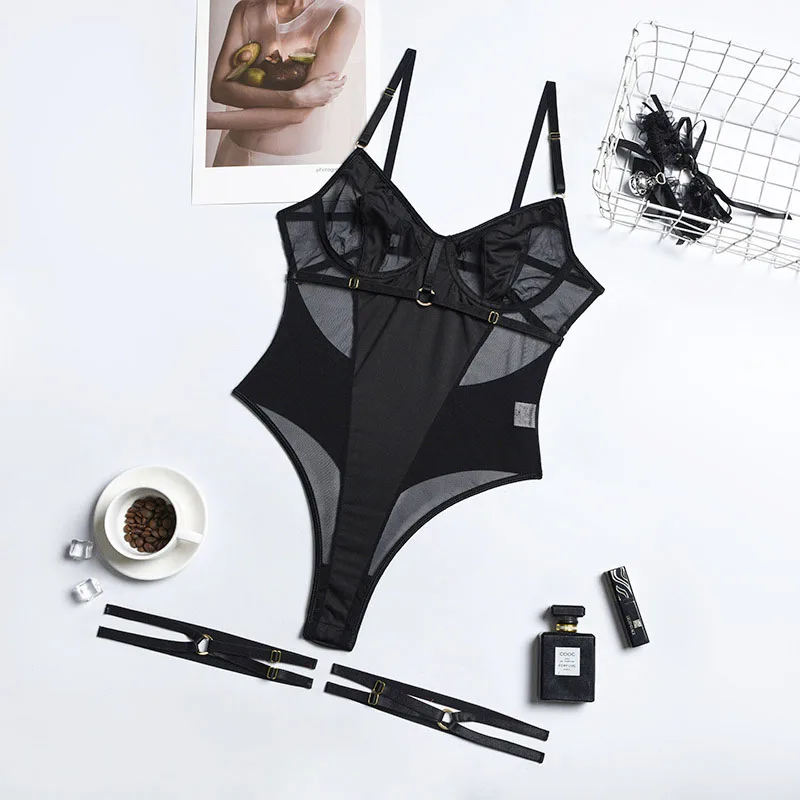 Erotic Lingerie New Mesh Lace Backless Suspender Sexy Metal Leg Ring One-piece Underwear For Women Transparent Lingerie BODYSUIT