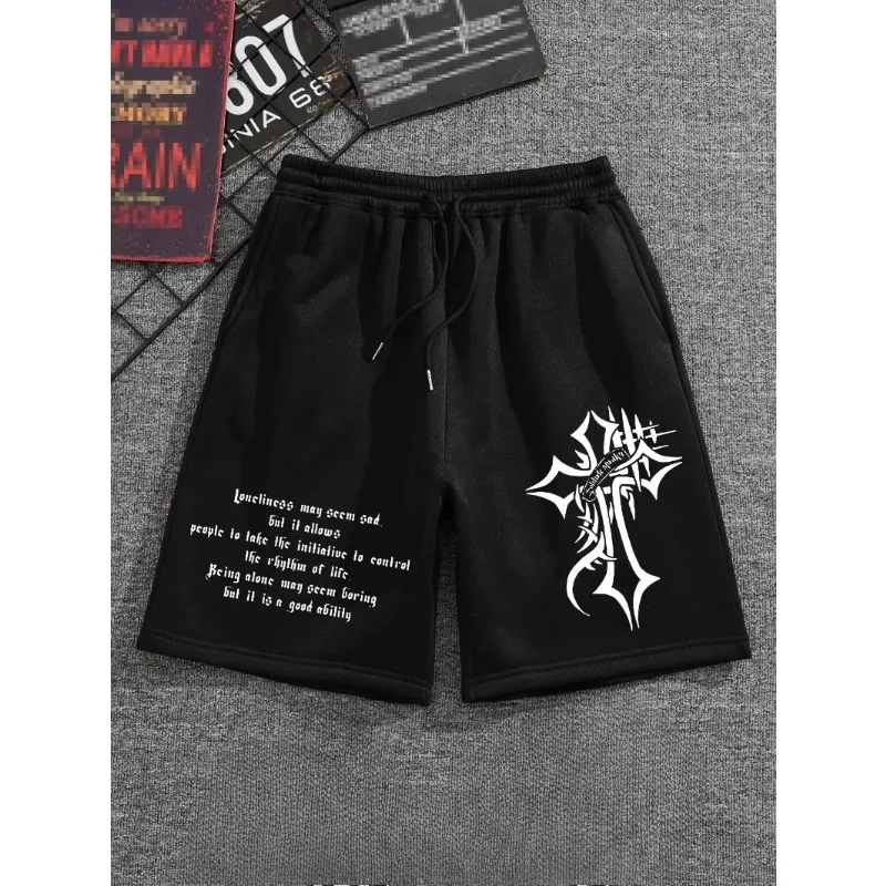 

New men's casual sports shorts with Gothic cross print elastic waistband and drawstring, black color