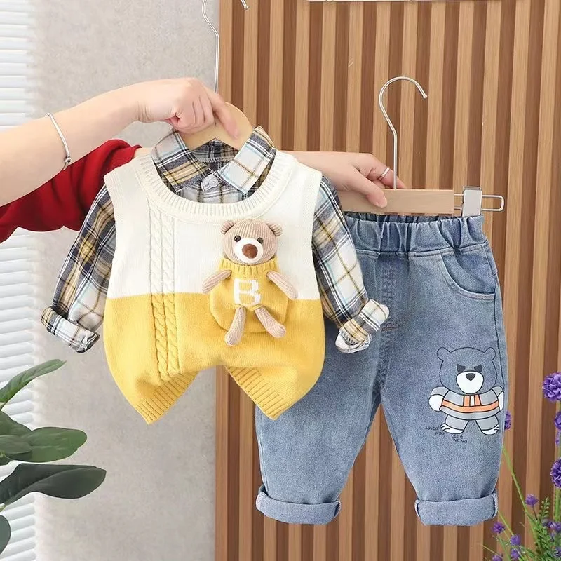 

2024 New Spring and Autumn Baby Boys Clothing Set New Childrens Sweater Vest Shirt Pants 3-piece Set Kids Outfits 6M 2T 3T 4T 5T