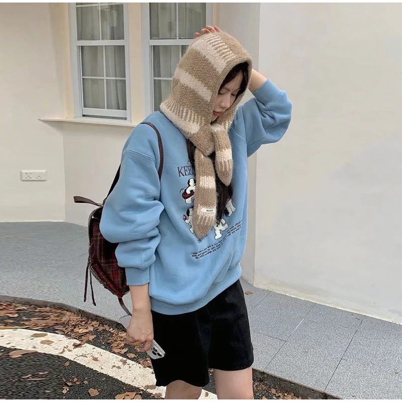 

Winter Striped Scarf Hooded Scarf Cap Wool Blend Versatile Pocket Scarf Men Women Slim Warm Knitted Scarf Hathigh Quality Hat