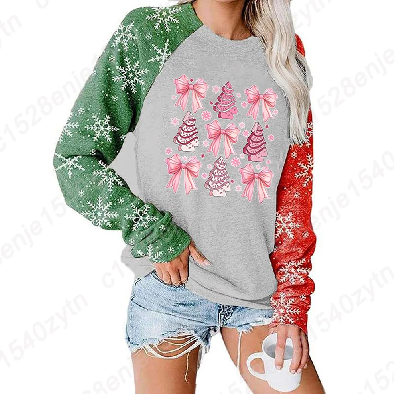 S-XXL Tops Autumn Winter Clothes Women Loose Long Sleeve Shirt Christmas Pink Bow Gingerbread Graphic Ladies Pullover Sweatshirt