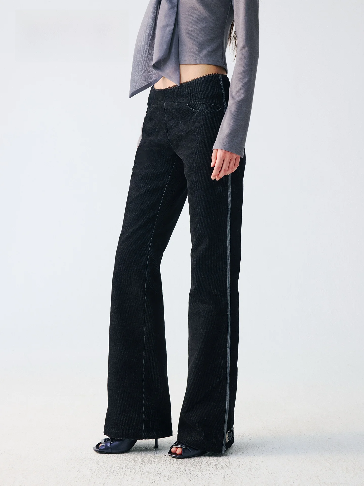 

Low Waist Floral Trimmed Bell Bot Pants Casual Sle Split Leg Design Polyester Fiber Ladies Faion Winter Collection