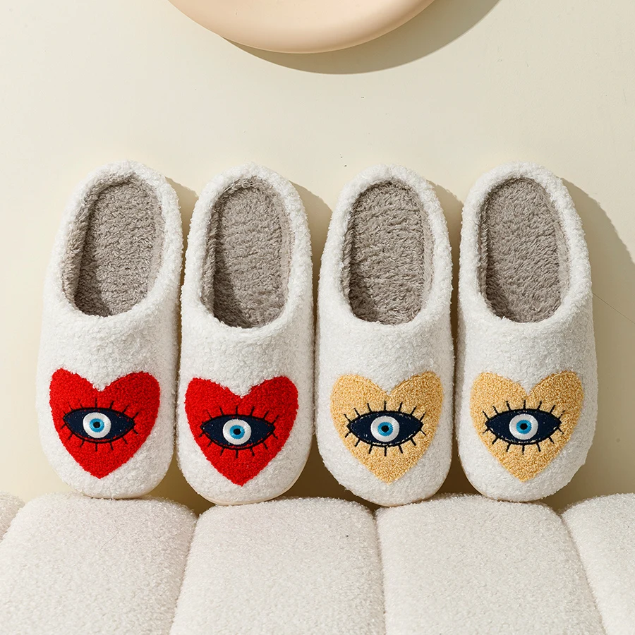 New Home Women's Slippers winter Warm Houseshoes Evil Eye Style Fuzzy Comfy Heart Flat Sole Funny Flip Flops Women Shoes