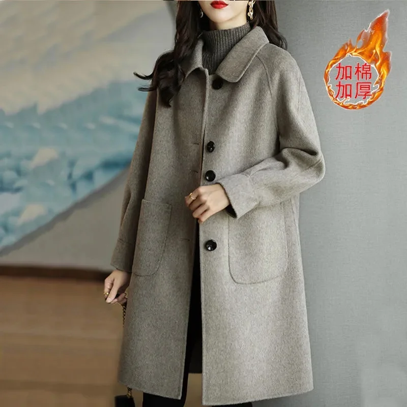 Woolen Jacket Women\'s 2025 Autumn/Winter New Style Small Thickened Korean Version Slim Temperament Mid-Length Woolen Coat M458