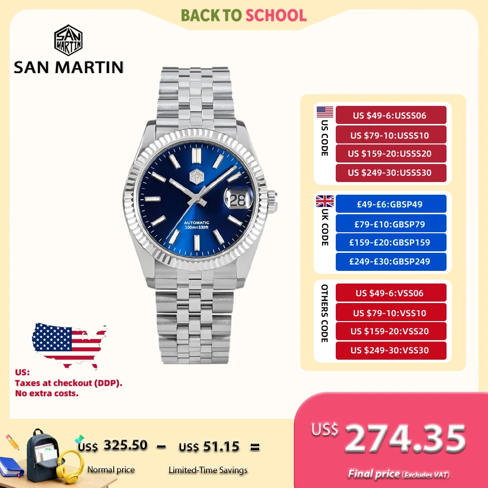 

San Martin Watch For Men Mechanical Watches Waterproof 36.5mm Wristwatch Luxury Automatic Date Sapphire Glass Lume 10Bar SN0058x