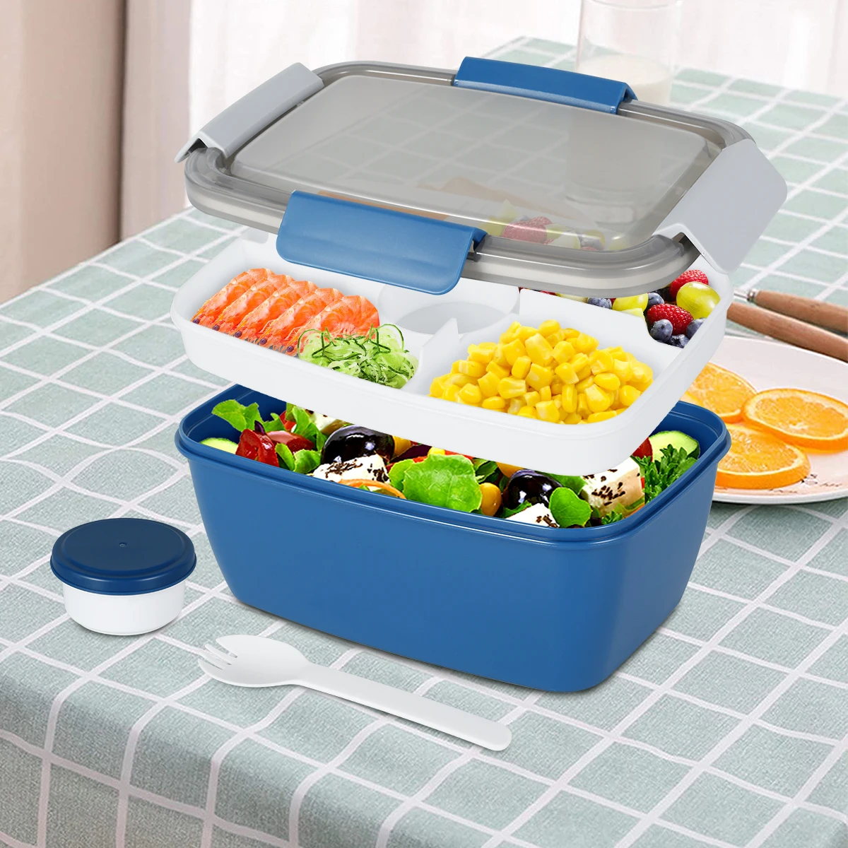 

2L Portable Hermetic Lunch Box 2 Layer Salad Lunch Container with 4 Compartments Tray Leak-proof Portable Salad Bowl Tableware