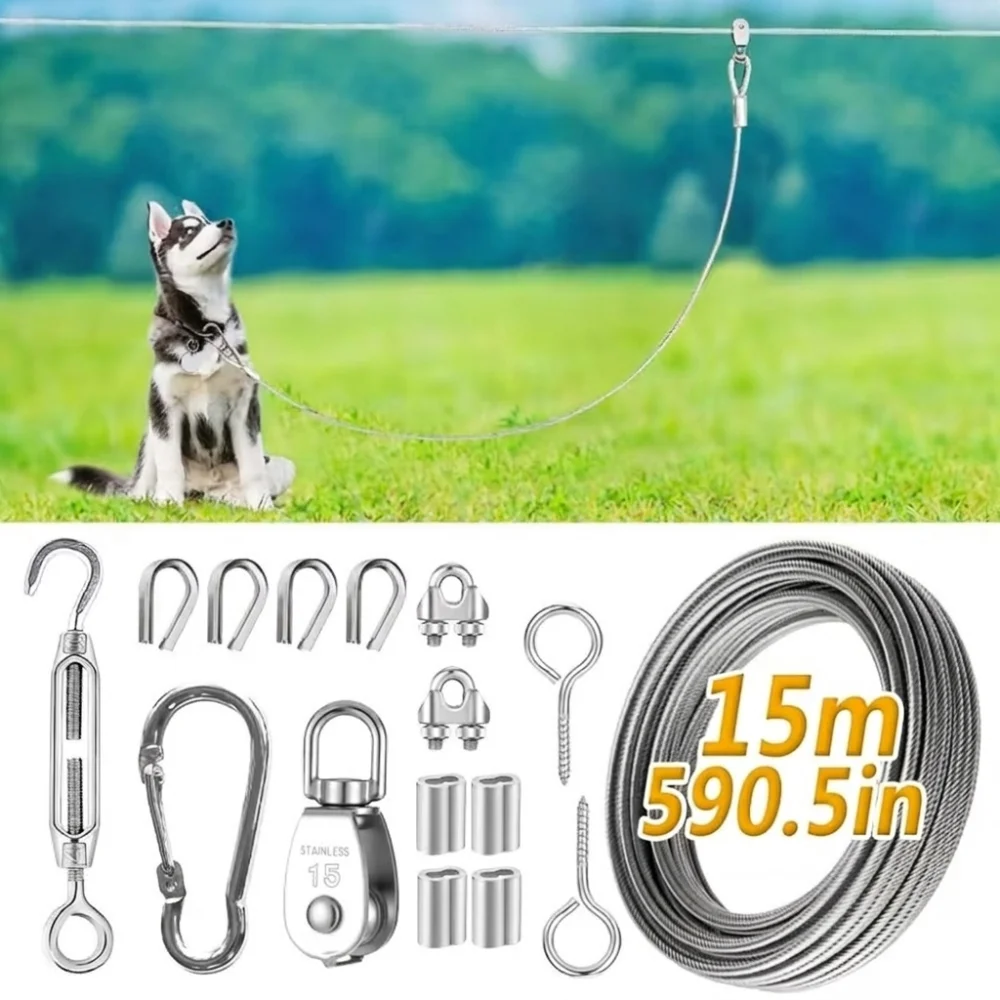 15/30M Outdoor Dog Tie Out Cable Metal Buckle Anti Rust Trolley Dog Run Cable System Kit Chew Proof Wear Resistant