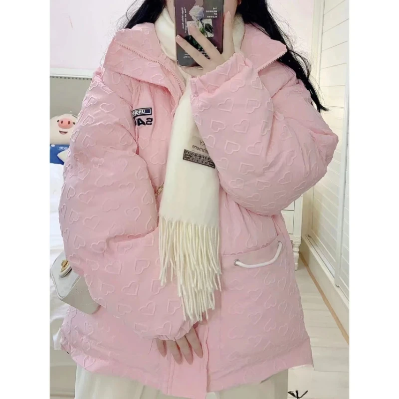 Winter Love Stand Collar Cotton Jacket Women Harajuku Fashion Casual Multi Functional Pocket Zipper Thickened Bread Down Jackets