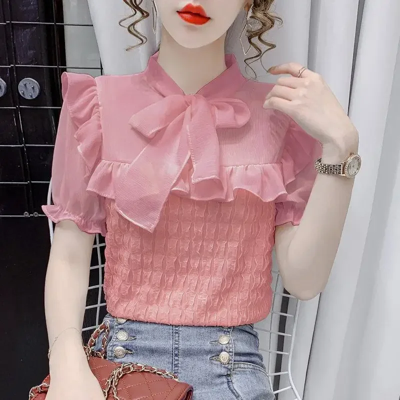 Summer New Sweet Bow Lacing Chiffon Blouse Short Sleeve Pleated Solid Color Elegant Shirt Tops Fashion Korean Women Clothing