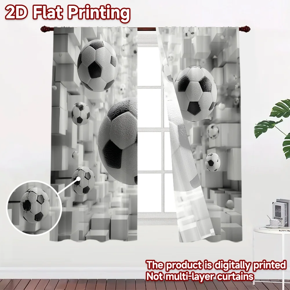 2D flat 2pcs Curtain Home Short Curtains Floating Soccer Balls Durable polyester fiber Festive Curtains Perfect for Room bedroom
