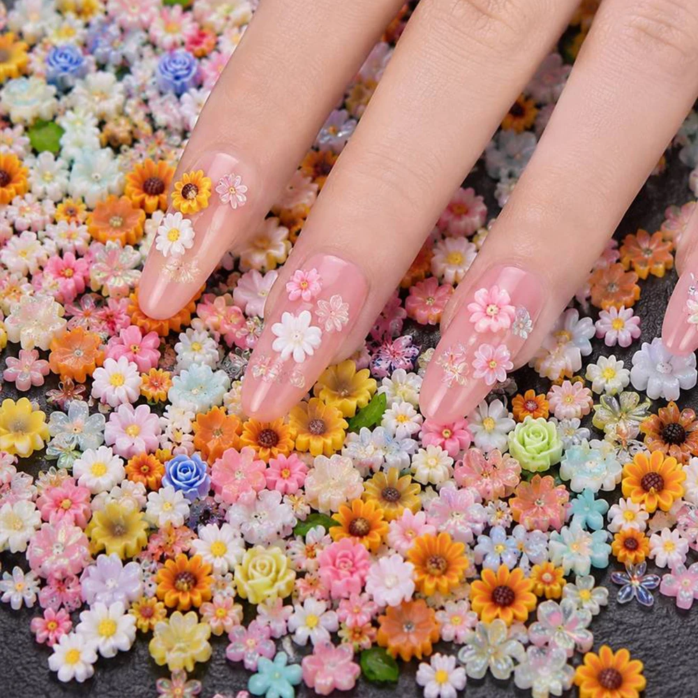 50Pcs Handmade Style Resin Flower Nail Charms Mixed Floral Nail Studs Daily Casual Nail Art Embellishments