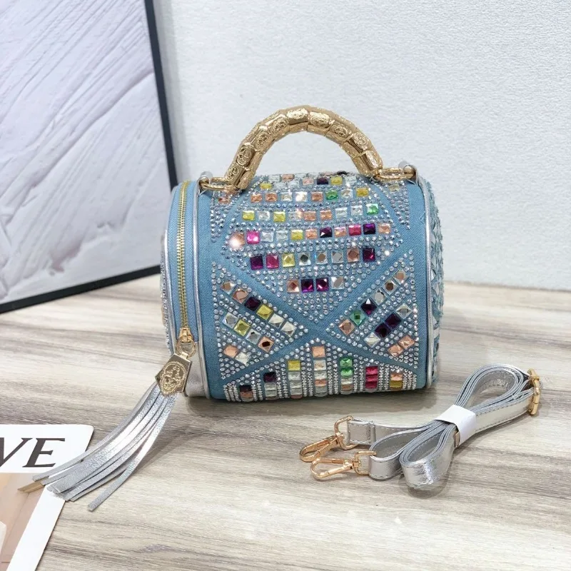 

Luxury Designer Women's Colored Diamond Bucket Bag 2025 Fashion Denim Rhinestone Handbag High-End Crossbody for Stylish Women