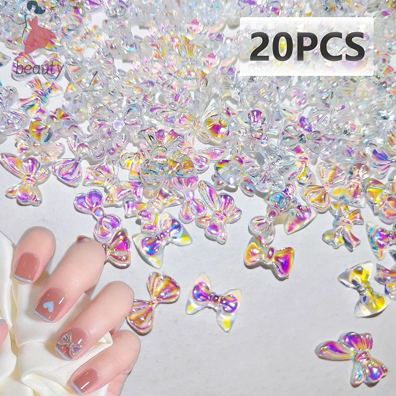 20PCS Auroras Bowknot 3D Nail Art Decoration Resin Nail Charms Jelly Color Glitter Nail Ribbon Bows Butterfly DIY Manicure Salon