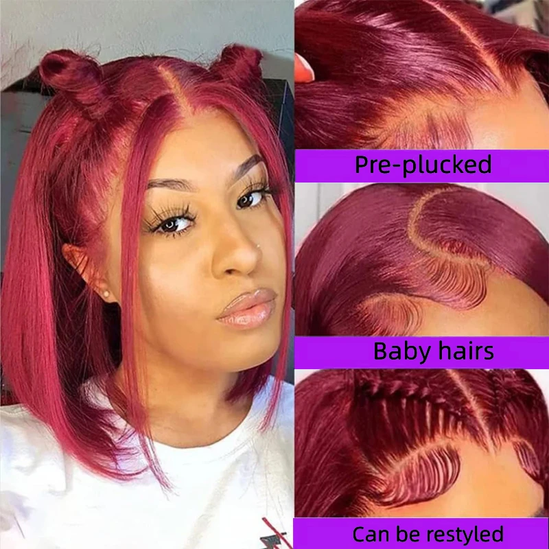 Perruque Bob Lace Frontal Wig brésilienne naturelle, cheveux lisses, bordeaux, 13x4, densité 200%, pre-plucked, 4x4, courte, 99J