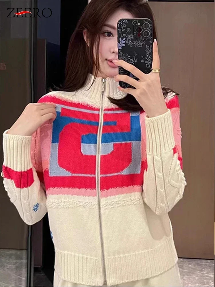 Korean Women Letter Jacquard Knitted Sweater Cardigans Casual Knit Coat Tops Long Sleeve High Collar Contrast Pullovers Jumpers