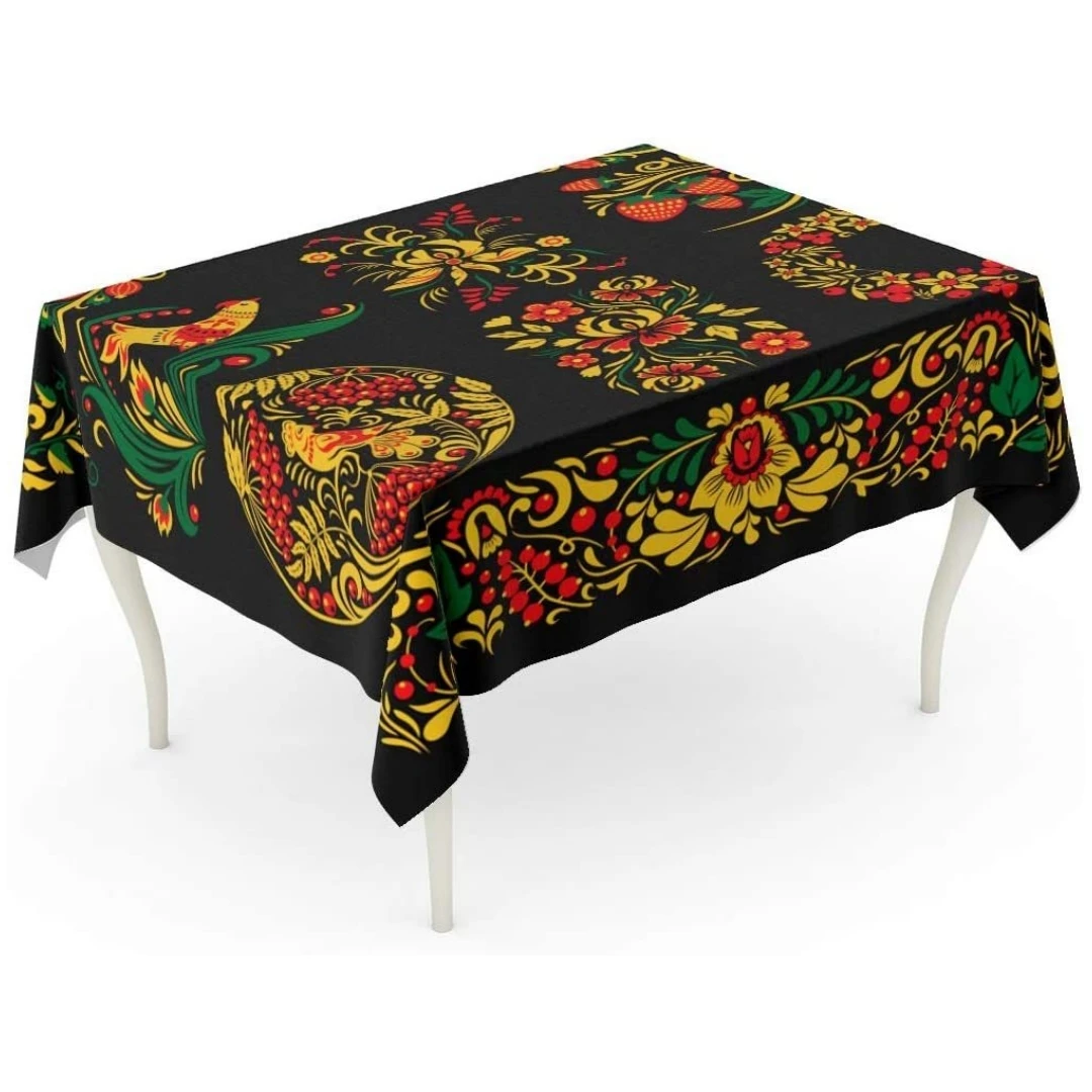 Emvency Rectangle Tablecloth Red Khokhloma Pattern Traditional Drawn Ethnic Ornamen Yellow Hohloma Painting Table Cover