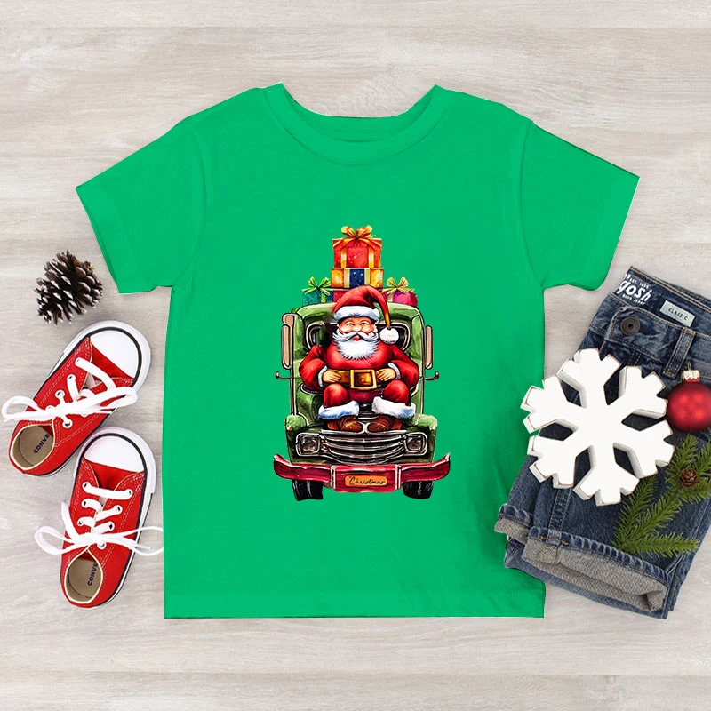 Santa Claus Truck Christmas Gift Print Kids T-shirt Fashion Short Sleeve Clothing Christmas Party Boys Girls Cartoon Xmas Tshirt