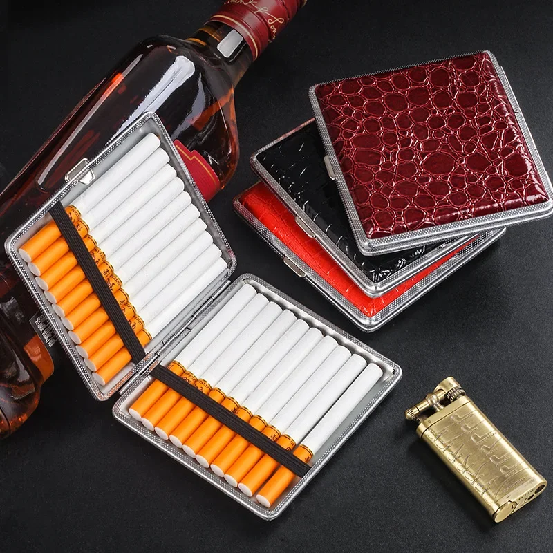 Leather Cigarette Case Leather 20 pieces Thick and Thin Cigarette Case Metal Band Lengthened Thin Cigarette Case for men