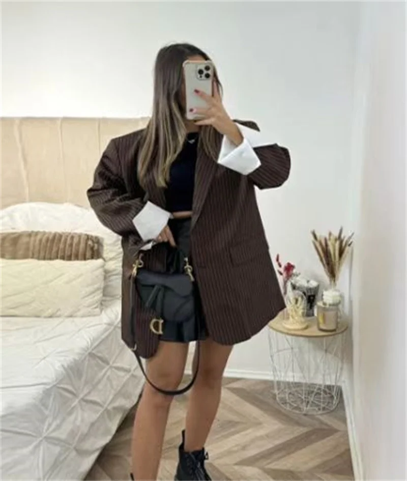 Abito da donna - Blazer versatile a due bottoni vestibilità ampia a righe marroni stile Blogger Abbigliamento da donna alla moda primaverile e autunnale