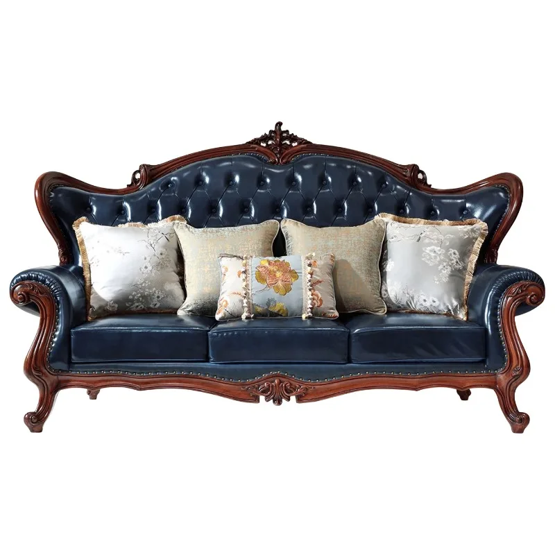 

American all-solid wood leather sofa combination living room furniture large apartment European style