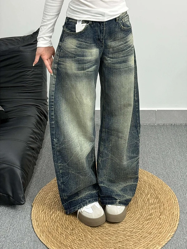 

American Style Vintage Faded Knife Pants High Waist Loose Straight Leg Wide Leg Scythe Jeans Women's Spring New Arrival
