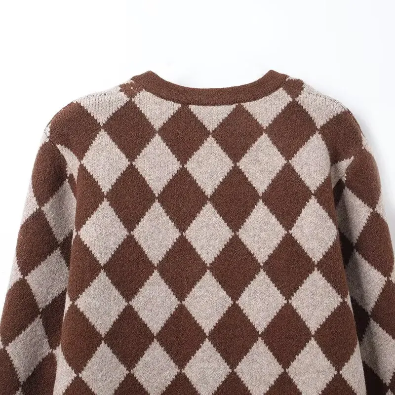 Jaket Rajut Pola Berlian Longgar Kasual Gaya Eropa dan Amerika Musim Gugur 2025 untuk Wanita