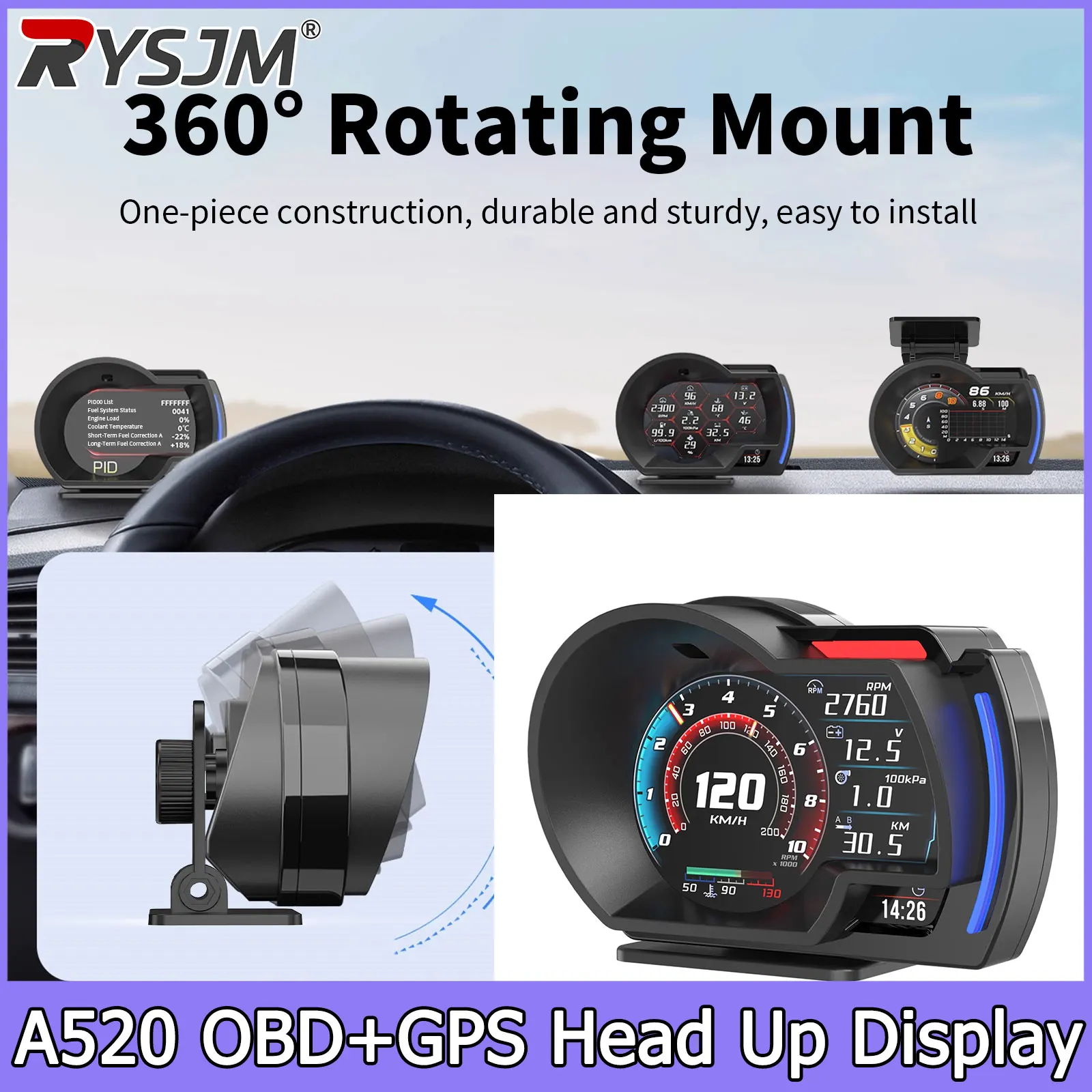HUD A520 OBD2 + GPS Auto Meter OBD2 Gauge with Speedometer Water Temp RPM Meter Fuel Level Time Car Head Up Display