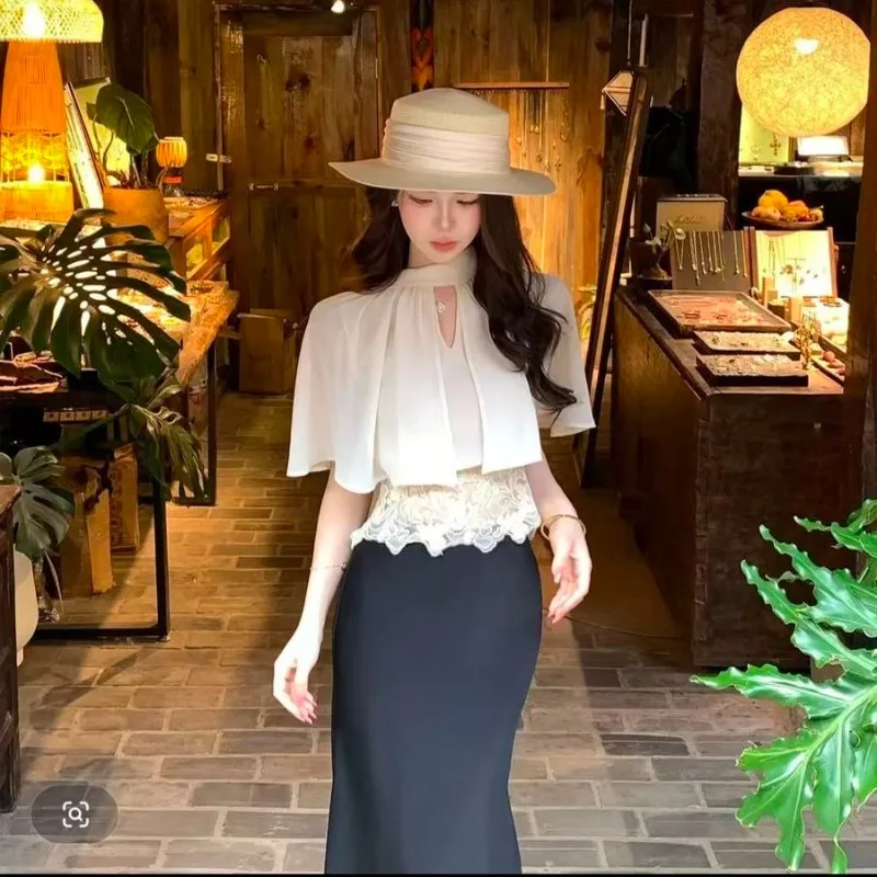 Skinny Women's Mountain Atmosphere, Neck Lace Splicing, Advanced Vacation Temperament, Thin Fake Two-piece Top