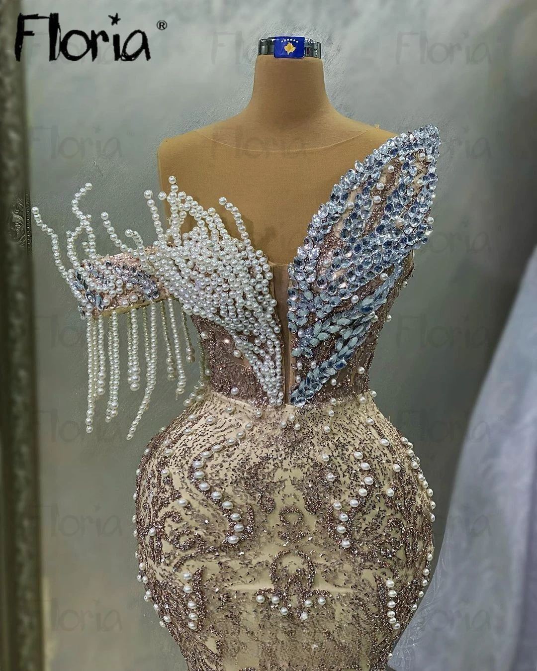 Robe de Soirée en Dentelle 3D avec Col Appliqué, Perles aniques, Pompon, Champagne, Bal Formel, Sirène