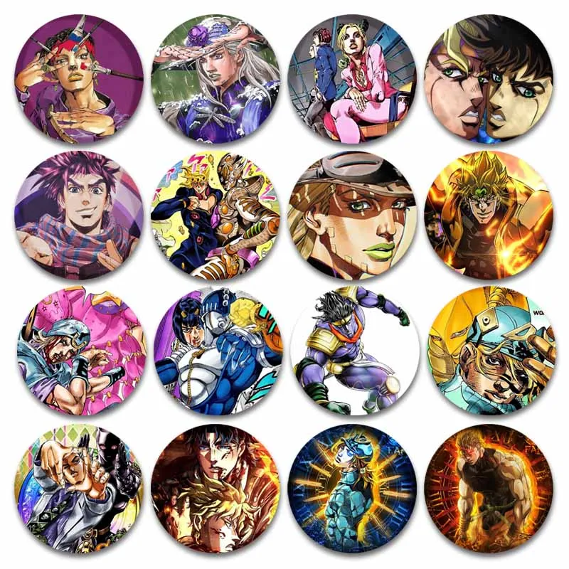 Anime JoJo's Bizarre Adventure insignia de botón suave Tinpate redondo Giorno Giovanna Dio Brando Joseph Joestar Jotaro Kujo broche Pins