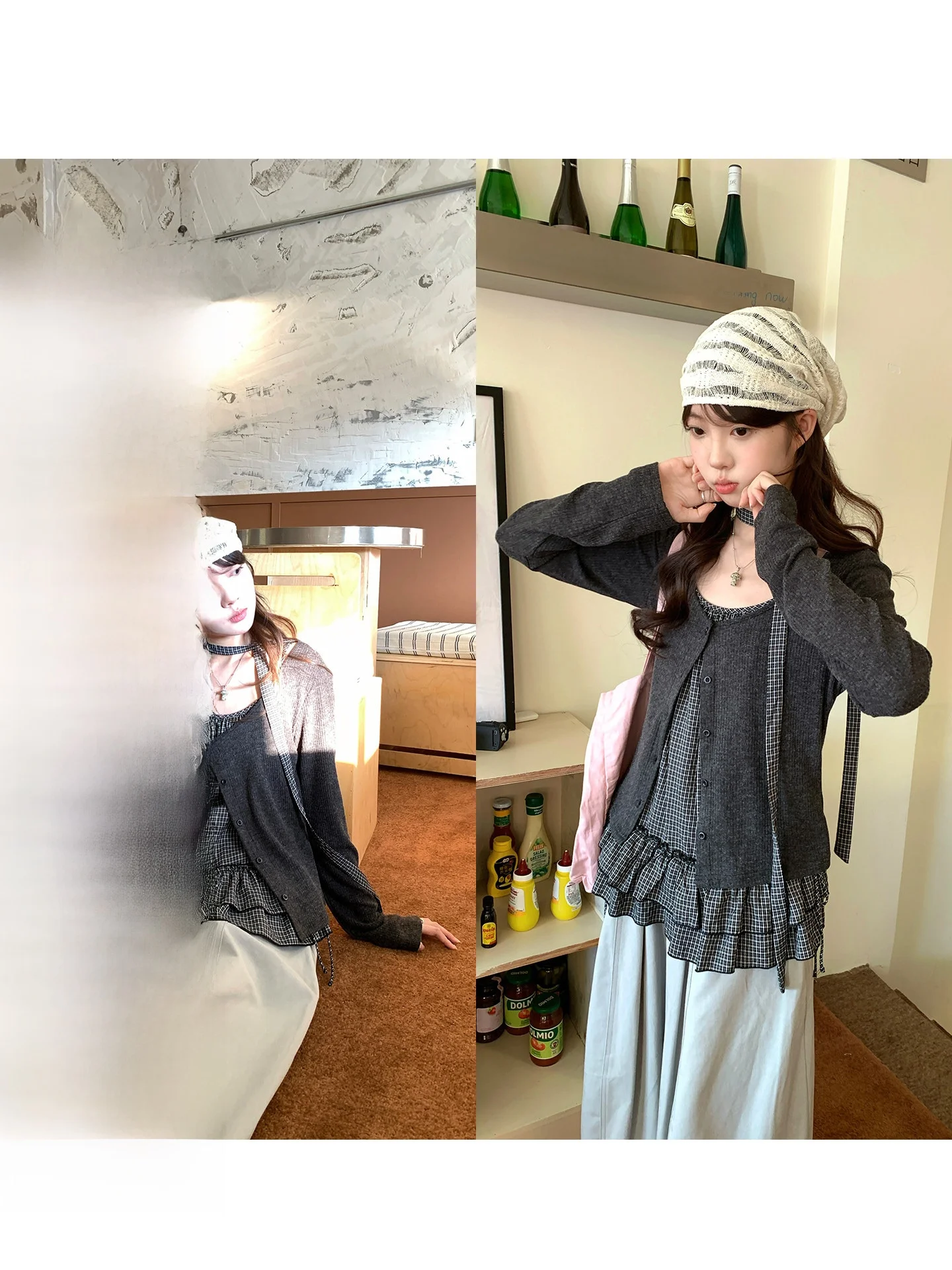 

Holli корейский Sle нежный утягивающий клетчатый кардиган на бретельках, комплект из двух предметов, женский осенний комплект 202, новый мягкий длинный свек с застежкой на талии