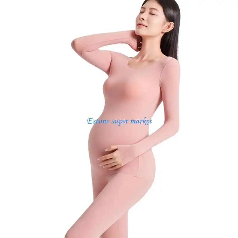 

090B Comfortable Stretch Maternity Thermal Underwear Set Solid Color With Insulation For Cold Weather Pregnancy Wear