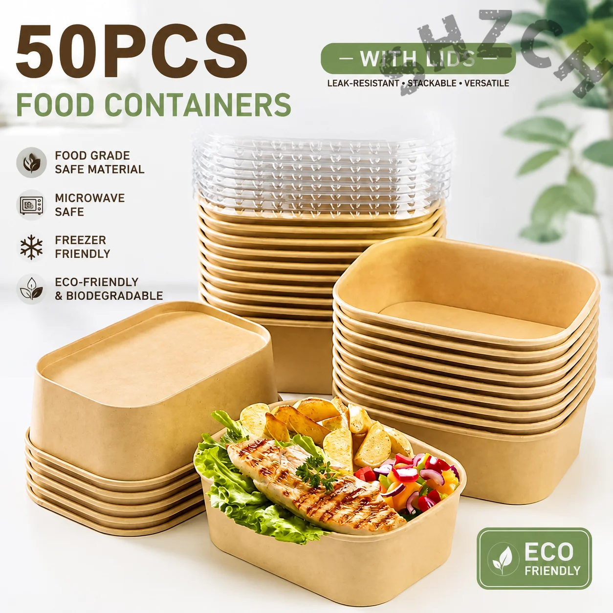50PCS Square Kraft Paper Bento Box Disposable Bowls Leakproof Microwave Safe Takeaway Food Containers for Salad Noodles Picnic