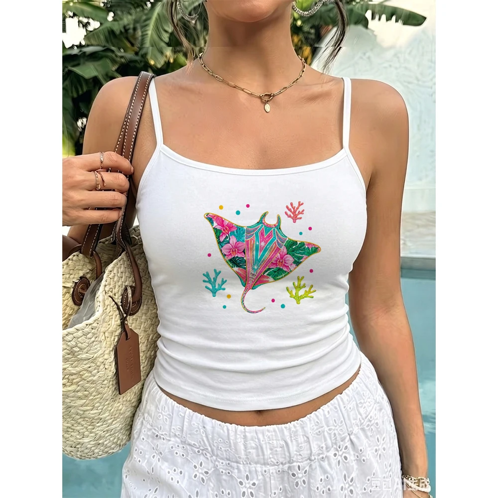 Women Cute Stingray Graphic Camisole Top Casual Tropical Floral Print Sleeveless Vest Summer Harajuku Coral Tank Top