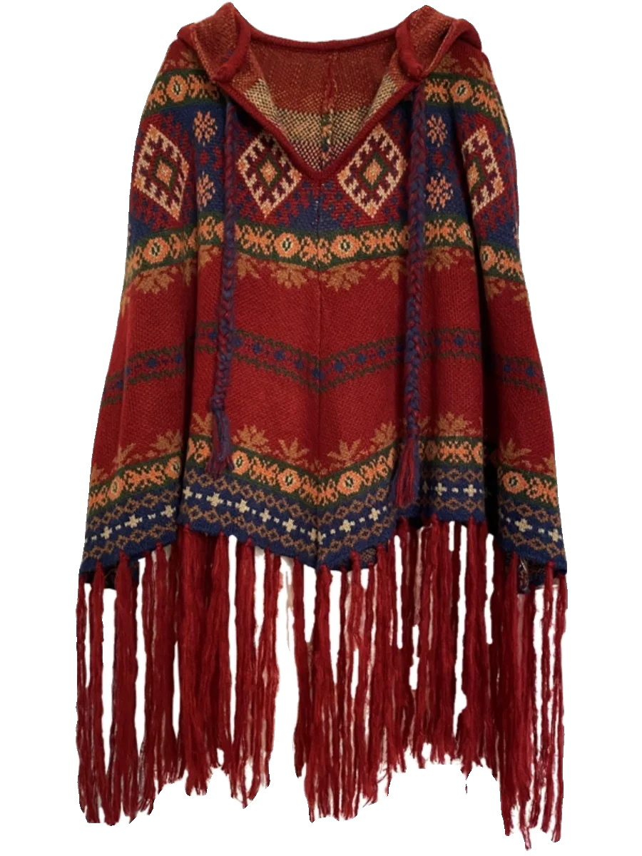 Retro Red Christmas Tassel Hooded Cloak Warmth Sun Protection Shoulder Shawl Outerwear Sweater Autumn Winter Holiday Tibet Yu...