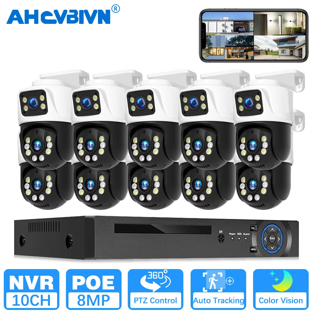 

Dual Lens 8MP POE PTZ IP Camera System Outdoor 4K PTZ Home Security Camera Sets Two-Way Audio 10CH 4K PoE NVR Kit ICsee/XMeye