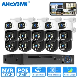 Dual Lens 8MP POE PTZ IP Camera System Outdoor 4K PTZ Home Security Camera Sets Two-Way Audio 10CH 4K PoE NVR Kit ICsee/XMeye