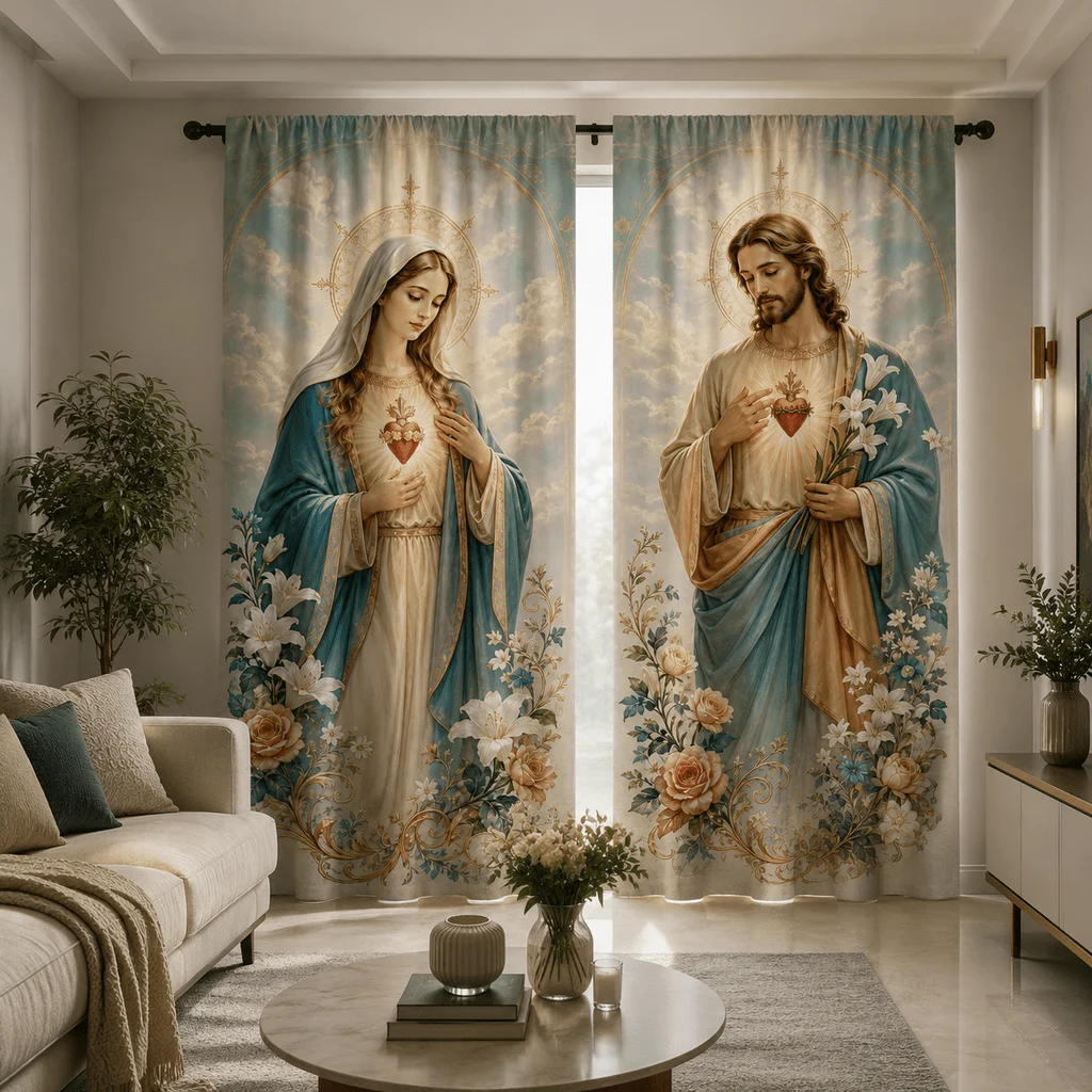 Religious Art Window Curtains Christian Faith Jesus Mary Divine Love Sanctuary Home Decor Panels