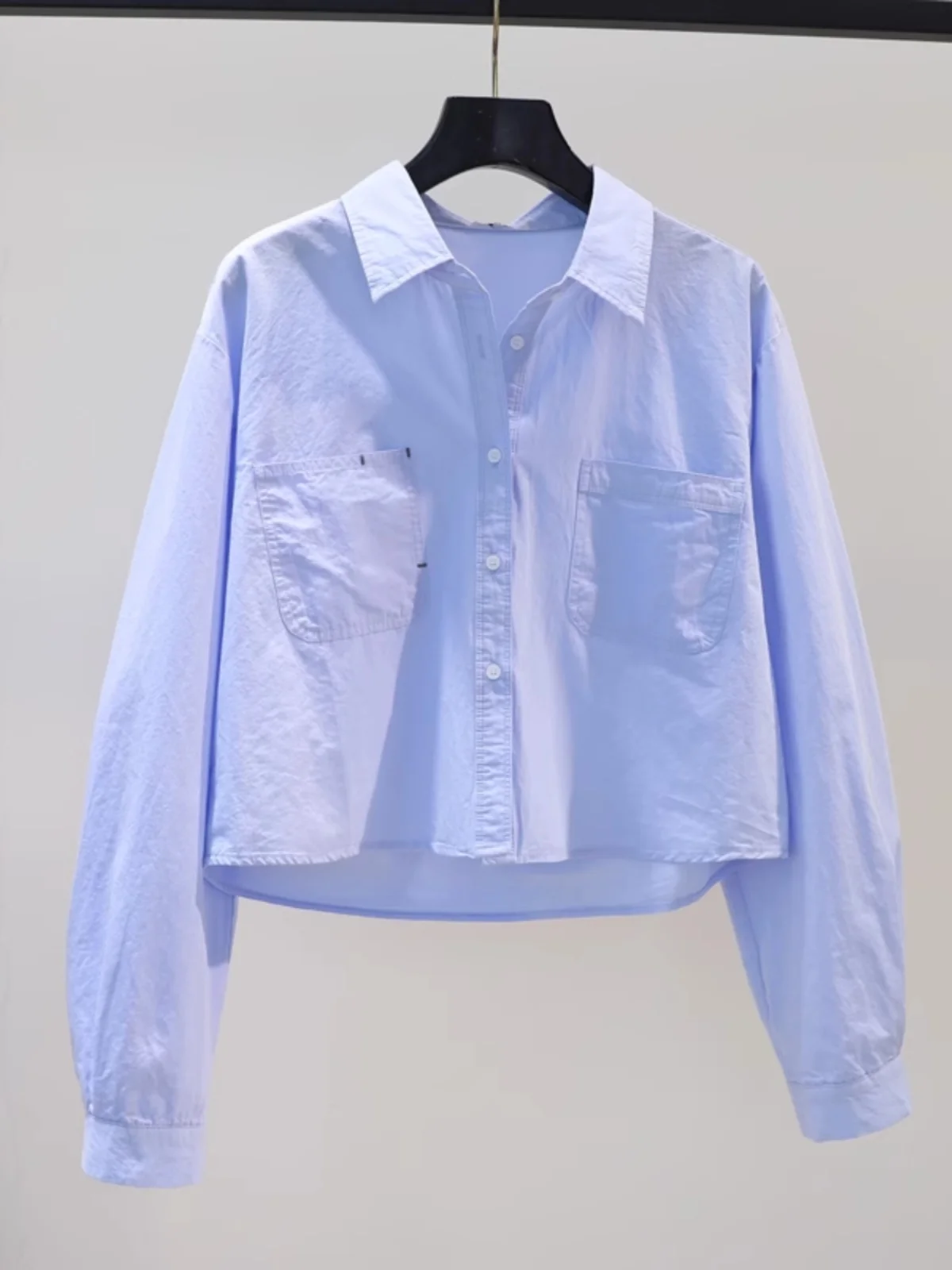 

Свободная однотонная рубашка с длинным рукавом для женщин, весна-осень, универсальный укороченный топ в корейском стиле с воротником и пуговицами