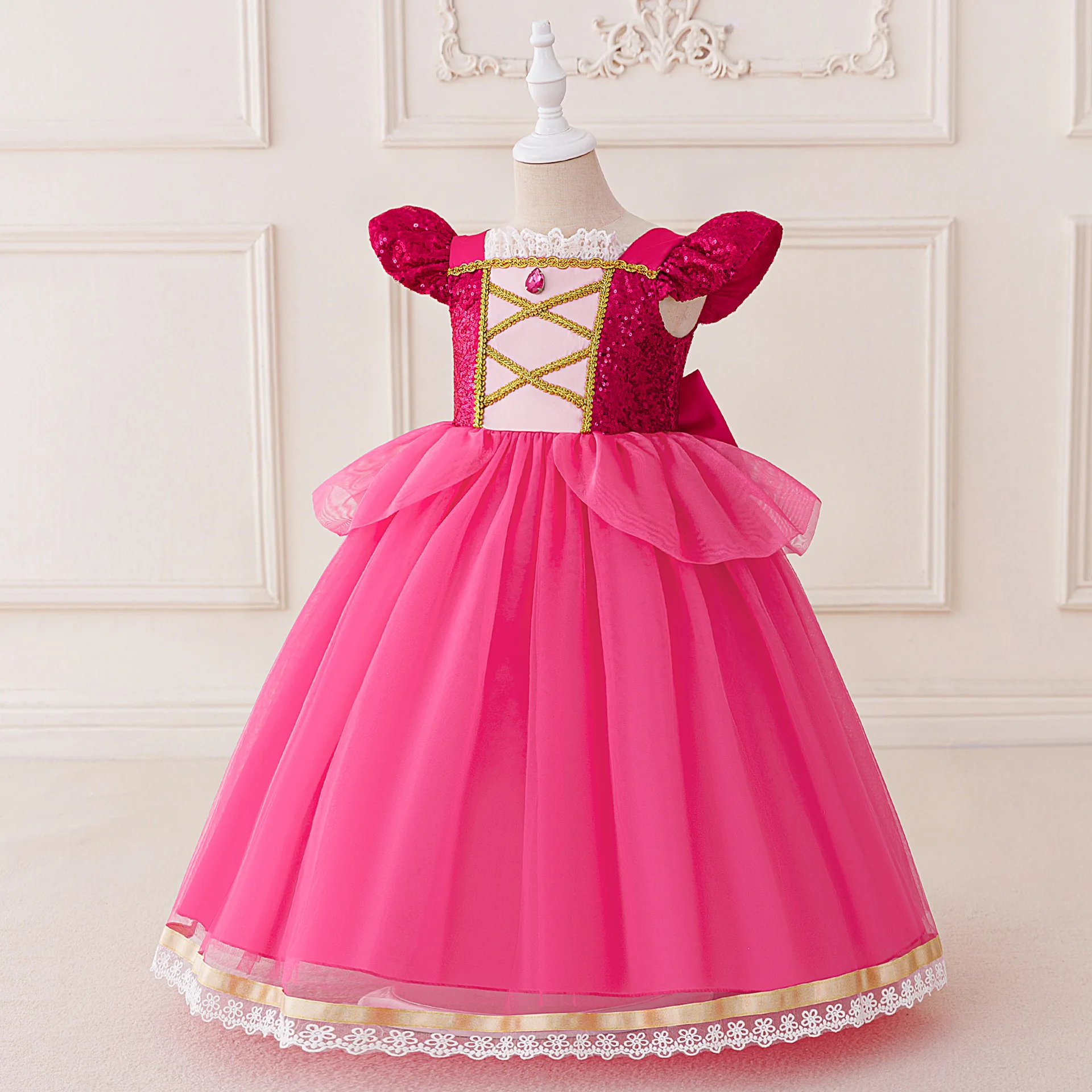 Girls Fuchsia Sequins Princess Dress Lace Trim Gold Mesh Tulle Ball Gown Kids Halloween Sleeping Beauty Role Play Aurora Apparel