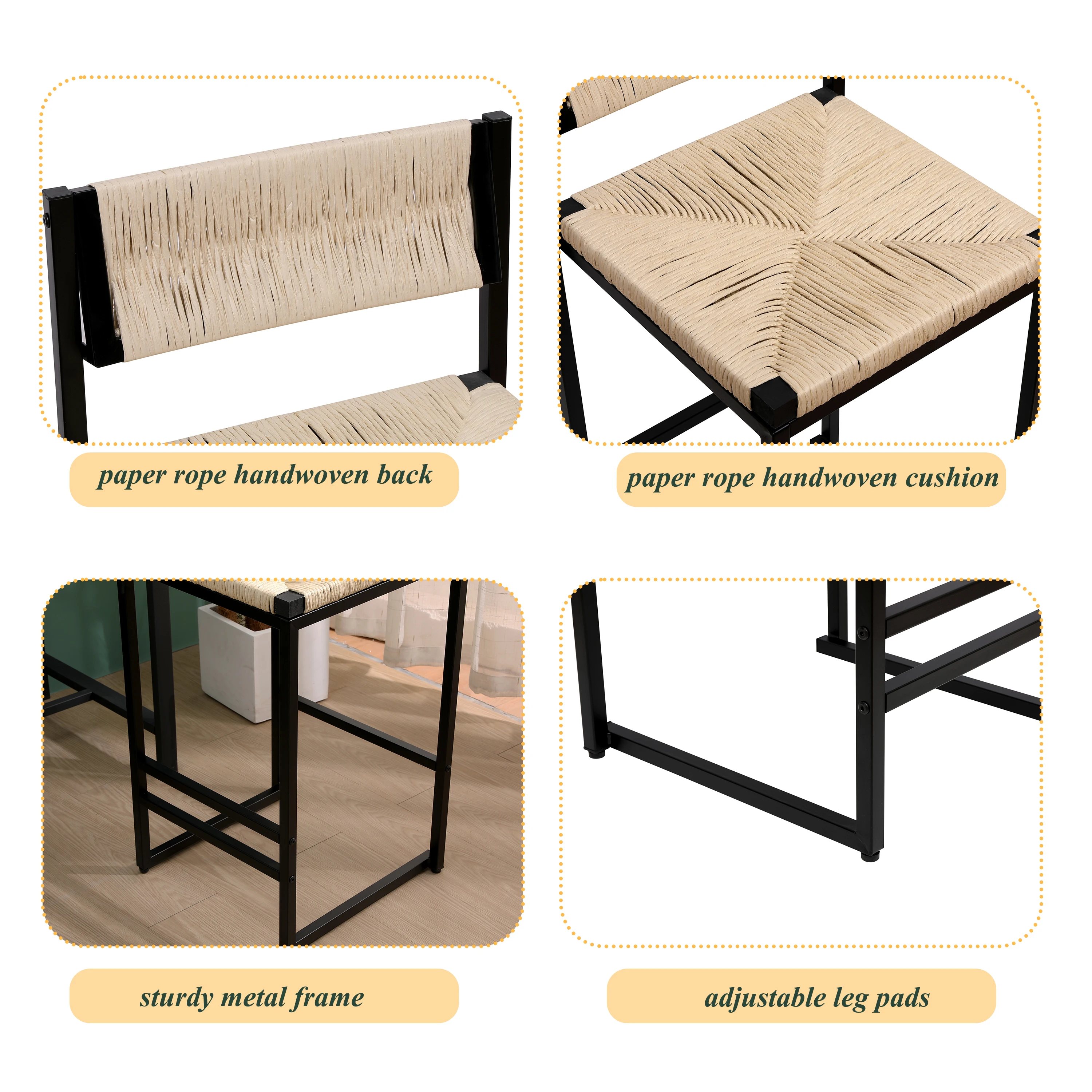 2 pezzi Sgabelli da bar alti Sedie Sgabelli da bar intrecciati in corda di carta Capacità massima di pesatura di 220 libbre per cucina Sala da pranzo Caffetteria